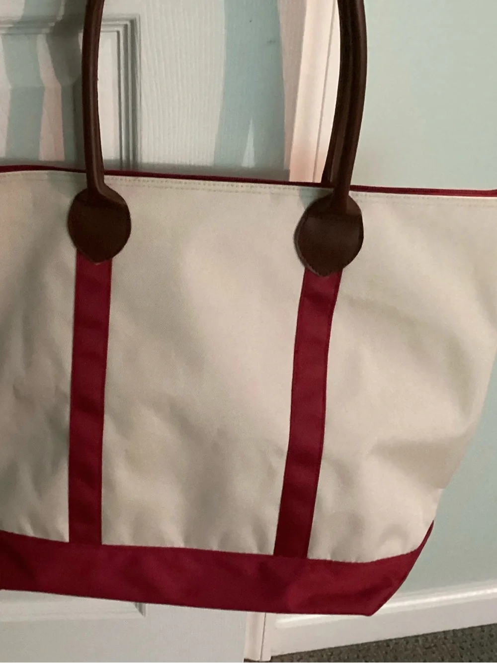 Canvas Tote Bag with red trim , Pink Accent removable heart  and Brown Handles